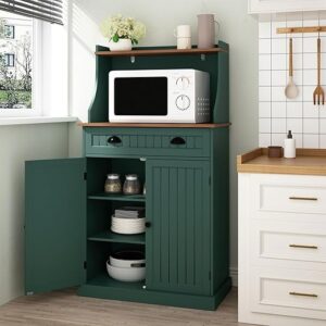 ARTPOWER 54″ Kitchen Microwave Cabinet/Stand with Storage and Drawers, Green Pantry Storage Cabinet with Hutch & Adjustable Shelves for Kit…