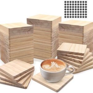 60 PCS Unfinished Square Wood Coasters, SIJDIEE 4 Inch Blank Wooden Craft Coasters with Non-Slip Foam Pad Stickers for DIY Burning Stained …