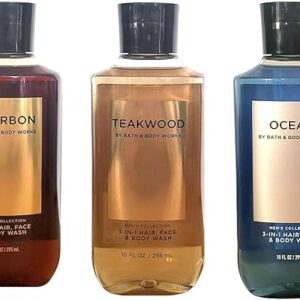 Bath and Body Works 3 Pack 2-in-1 Hair + Body Wash Teakwood, Ocean and Bourbon. 10 Oz.