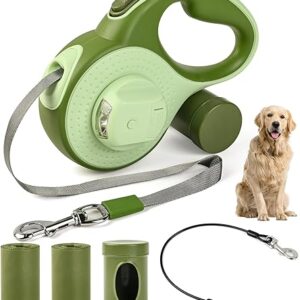 Retractable Dog Leash for Large Dogs, 26ft Heavy Duty-for Dog up to 100lbs, with Chew Proof Cable, LED Light, Dispenser, Poop Bags, 360° No…