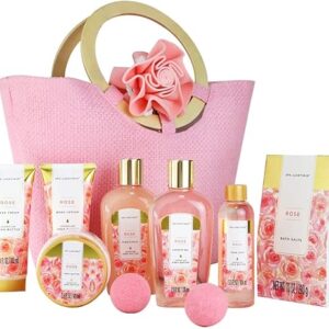 Spa Luxetique Spa Gift Set, Bath Gift Set for Women, 10 Pcs Rose Bath Set, Pink Tote Gift Bag with Shower Gel, Bubble Bath, Body Lotion, Ha…
