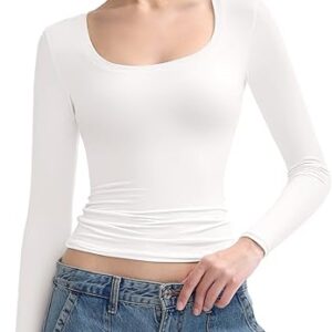 PUMIEY Women’s Long Sleeve T Shirts Scoop Neck Slim Fit Going Out Tops Double Lined Basic Tee Smoke Cloud Collection