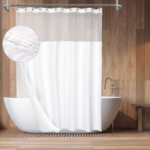 Hotel Style Cotton Shower Curtain with Snap-in Fabric Liner, Mesh Window Top, Honeycomb Waffle Weave Cotton Blend Fabric, Washable, White, …