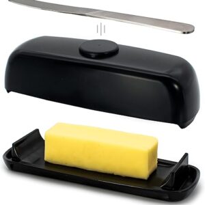 Butter Hub Butter Dish with Lid and Knife, Magnetic Butter Keeper, Easy Scoop, No Mess Lid, Plastic, Dishwasher Safe (Black)