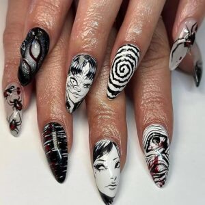 24Pcs Almond Press on Nails Medium Fake Nails Gothic Cartoon Anime Design Black White Full Cover Acrylic False Nails Glue on Nails Punk Glo…
