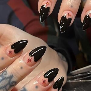 SINHOT Medium Press on Nails Almond Black Heart Fake Nails Glossy Glue on Nails Red Rhinestones Stiletto Acrylic Nails French Tip Artificia…