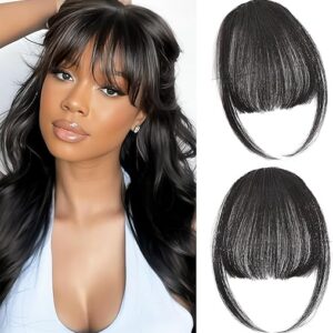 Clip in Bangs 100% Real Human Hair, Wispy Bangs Hair Clip, Fake Bang Fringe with Temples Hairpieces for Women Daily Wear (Natural Black, Wi…