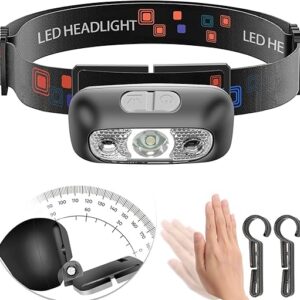Headlamp, USB-C Rechargeable,90-Degree Adjustable,Flashlight with Motion Sensor,Waterproof Lightweight 42g,Bright Headlamps for Running,Cam…
