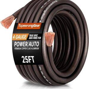 TOPSTRONGGEAR 4 Gauge Black 25ft Power/Ground Wire-Copper Clad Aluminum CCA-True 4 AWG Power Wire-True Spec and Soft Touch Cable (Black)