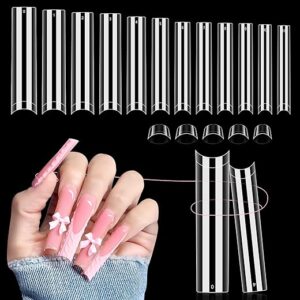 504 PCS No C Curve Clear Nail Tips for Acrylic Nails Professional, 3XL Extra Long, 12 Sizes Half Cover Straight Tapered Square French Fake …