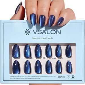 VSALON Press on Nails Short Almond – Blue Cat Eye Chrome Glue On Nails Kit for Women, Reusable Opaque Gel Stick on Nails with Glue & Cuticl…