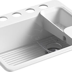 KOHLER K-8668-5UA2-0 Riverby Undermount Single-Bowl Kitchen Sink with 5 Oversized Faucet Holes, 27″ x 22″ x 9-5/8″, White