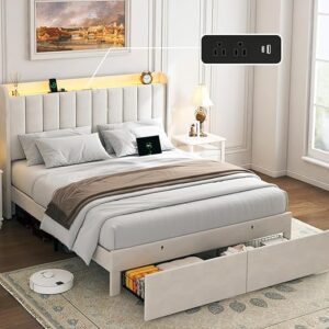 Bed Frame Queen Size with Drawers and LED Lights, Upholstered Platform Bed Frame with Charging Station, Wood Slats Support, No Box Spring N…