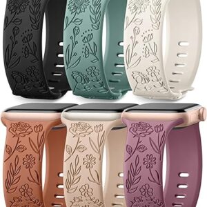 SNBLK 6 Pack Floral Engraved Bands Compatible with Apple Watch Bands for Women & Men, Soft Silicone Cute Flower Pattern Sport Strap for iWa…