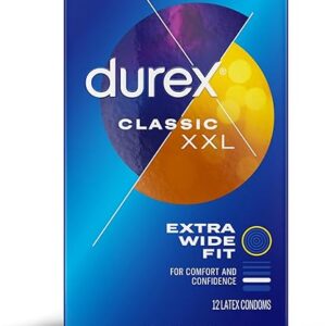 Durex Condom XXL Longer & Wider Natural Latex Condoms, Extra Wide Fit, 12 Count – Ultra Fine & Lubricated (Packaging May Vary)
