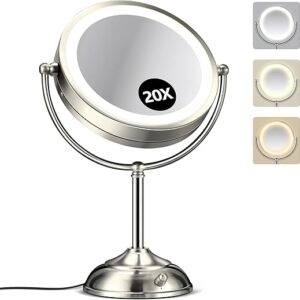 20x Large Lighted Makeup Mirror, Rechargeable 8.6″ Magnifying Makeup Mirror, 30-Minute Timer,3 Color Modes, Adjustable Brightness, No Assem…