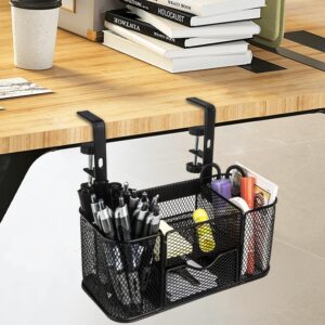 Clamp on Under Desk Mesh Pen Holder Organizer Desktop Office Supplies with 5 Compartments + Drawer for Home, School, Classroom