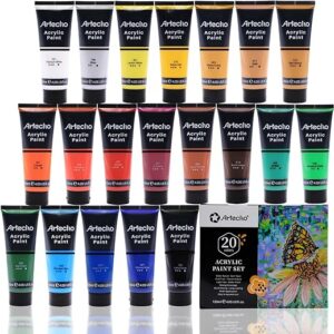 Artecho Professional Acrylic Paint Set, 20 Primary Colors (120ml / 4.05oz) Tubes, Art Craft Paints for Canvas, Rock, Stone, Wood, Fabric, A…