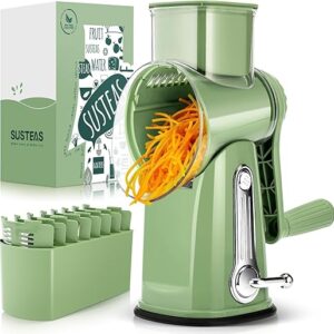 SUSTEAS Rotary Cheese Grater with Handle – Vegetable Shredder with 5 Well-designed Blades & Strong Suction Base,Round Mandoline Slicer & Fo…