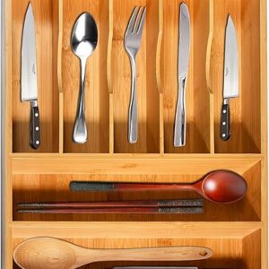 Bamboo Kitchen Drawer Organizer, Silverware Utensil Organizer Caddy, Bamboo Storage Organizer for Flatware, Cutlery Knives, Forks, Spoons -…
