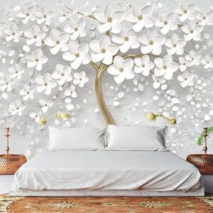 Bormia 3D Flower Tree Wall Mural with Gold Tree Body Floral Wallpaper Wall Decals for Living Room Bedroom Kids Room Motif Shop