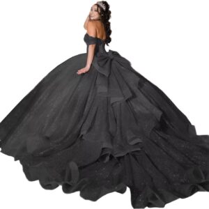 Zhangyo Glitter Tulle Quinceanera Dresses with Bow Ruffle Layered Sweet 16 Dress with Train Off Shoulder Bead Ball Gown
