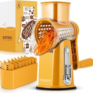 SUSTEAS Rotary Cheese Grater with Handle – Vegetable Shredder with 5 Well-designed Blades & Strong Suction Base,Round Mandoline Slicer & Fo…