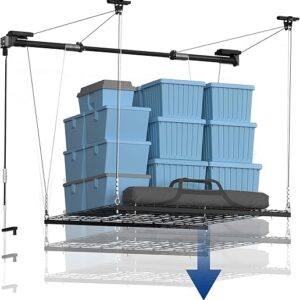 FLEXIMOUNTS GL1 Overhead Garage Lifting Storage Rack, 4×4 Ft Heavy-Duty Metal Garage Ceiling Rack, Adjustable Organization System With 71”…