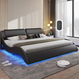 DICTAC California King Bed Frame with Led Lights and USB & Type-c Ports Modern Cali King Platform Bed Frame with Headboard Faux Leather Wav…