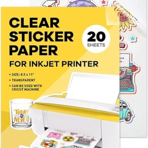 90% Clear Sticker Paper for Inkjet Printer – (20 Sheets), 8.5 x 11″ Letter Size, Transparent Glossy, Printable Vinyl, Water-Resistant – Eas…