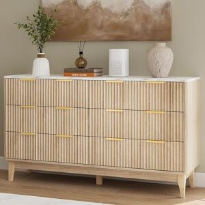 ELYKEN Fluted Dresser for Bedroom, 54″ Wide Chest of Drawers with Faux Marble Top, 6 Drawers Double Dresser TV Stand, Wood Modern Drawer Or…