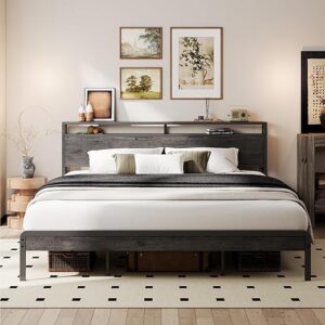 LIKIMIO California King Bed Frame with Headboard, Dark Wood Camas California King with Strong Supports, Sturdy, Noise-Free, No Box Spring N…