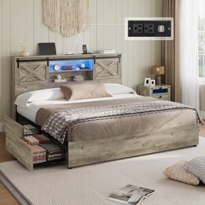 Hasuit Farmhouse Bed Frame California King Size with 4 Storage Drawers, Wooden Platform Cal King Beds with Charging Station and LED Lights,…