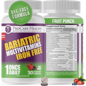 ProCare Health Chewable Bariatric Multivitamin Without Iron (30 Tablets) – Fruit Punch Flavor Once Daily Bariatric Multivitamin with Iron F…