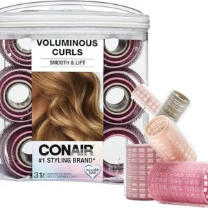 Conair Heatless Curls Hair Roller – 31 Count, Assorted sizes & Colors – Pink, Gray & Purple – Overnight Curl Rollers w/storage case