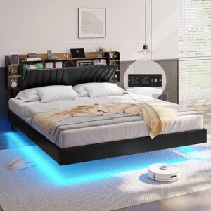DICTAC California King Floating Led Bed Frame with Hidden Storage Headboard and Charging Station Cal King Size Visual Floating Platform Bed…