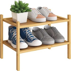 BMOSU 2-Tier Bamboo Small Shoe Rack Premium Stackable Shoe Shelf Storage Organizer for Hallway Closet Living Room Entryway Organizer(Natura…