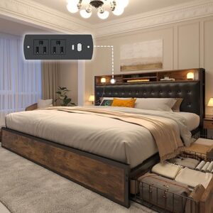 EnHomee King Size Bed Frame with 4 Storage Drawers King Bed Frame and Headboard Upholstered Charging Station,No Noise,No Box Spring Needed,…