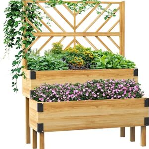 Outsunny Raised Garden Bed with Trellis, 2 Tier Wooden Elevated Planter Box with Legs and Metal Corners for Vegetables, Flowers, Herbs, Nat…