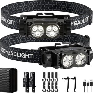 Headlamp Rechargeable 2PCS, 4500 Lumen Ultra-Light Bright LED Rechargeable Headlight with White Light, Waterproof Head Lamp with Headband f…