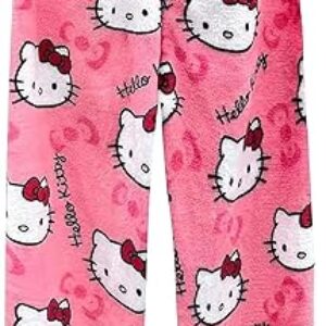 Womens Anime Pajamas Girls Cute Cartoon Cat Print Fuzzy Flannel Kawaii Casual Sleep Pajama Pants