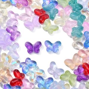 KitBeads 100pcs Random Glass Butterfly Beads – Kawaii Transparent Animal Insect for Jewelry Making – Handmade Lampwork Colorful Bulk