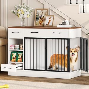 Large Dog Crate Furniture, 47.2” Dog Kennel Indoor with 3 Storage Drawers and Hidden Feeding Bowl, Sturdy Wooden Dog Crate with 2 Doors an…