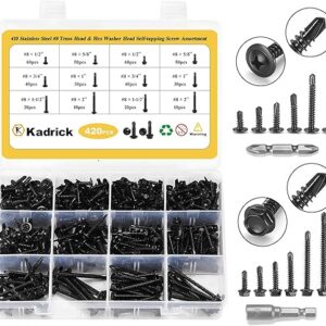 Kadrick 420Pcs #8 1/2”to 2” Black Self Tapping/Drilling Screw Assortment, High Strenth Tek Screw Kit for Sheet Metal/Plastic/Wood,Modifie…