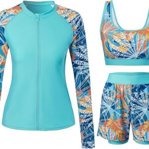 Rash Guard for Women 3 Piece Swimsuits Long Sleeve Bathing Suit with Boyshorts and Bra Ladies Swim Over 50 UPF 50+