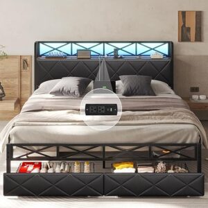 DICTAC California King Bed Frame with Hidden Storage and 2 Drawers Metal Cal King Size Platform Bed with Led Lights and Charging Station Le…