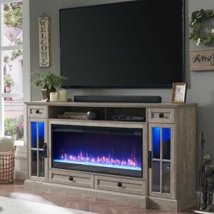 OKD Fireplace TV Stand for 80 Inch TV, Farmhouse Entertainment Center with 42″ Fireplace & LED Lights, Modern Media Console Table with Stor…