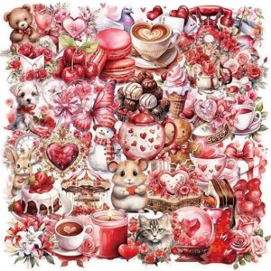 50pcs Transparent Love Stickers,Red Vintage Valentine Sticker Waterproof PET Stickers for Scrapbook Journaling Photo Album Collage Card Hea…