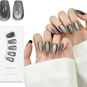 Black Cat Eyes Press On Nails,12 Sizes-24 Pcs Soft Gel Black Medium Coffin Fake Nails Kit with Nail Glue, Natural Reusable Stick On False N…