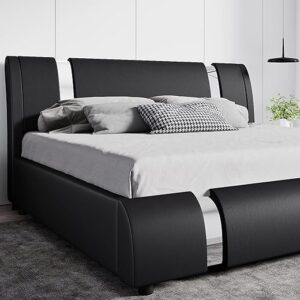 SHA CERLIN Modern Faux Leather Queen Bed Frame with Adjustable Headboard and Iron Accents, Deluxe Upholstered Platform Bed with Solid Woode…